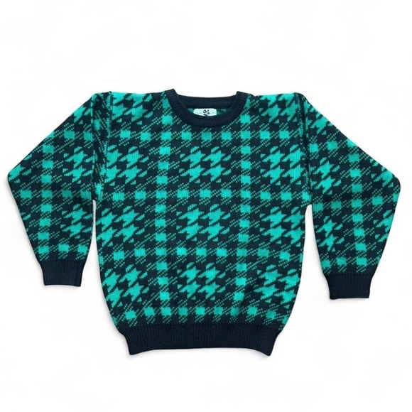 Hudson Wilder Sweaters - Vintage 90s Y2K Retro Hudsons Bay Green Black Houndstooth Knit Pullover Sweater
